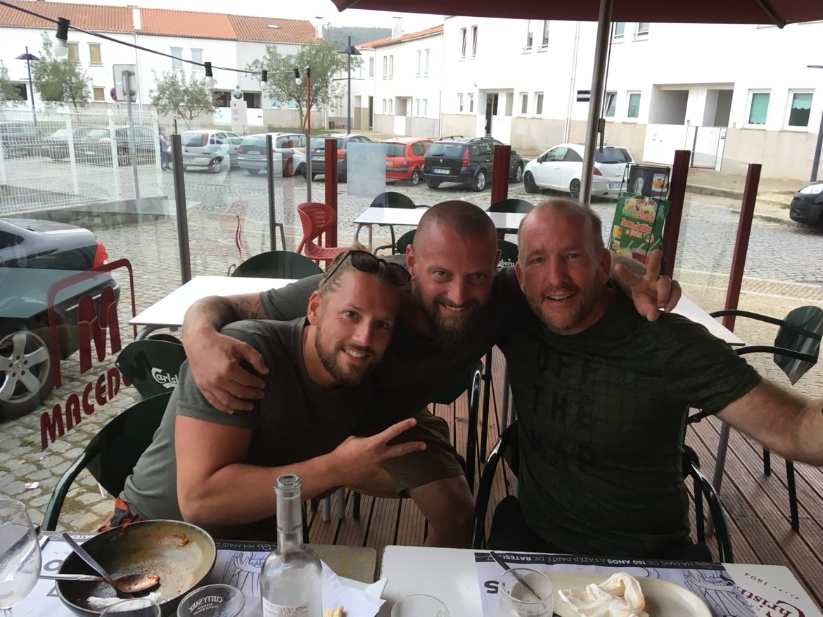 The three Camino Brothers - Dennis and Nicki (Germany) and Mike (Canada) - at the cafe in Portugal where they first met in 2019