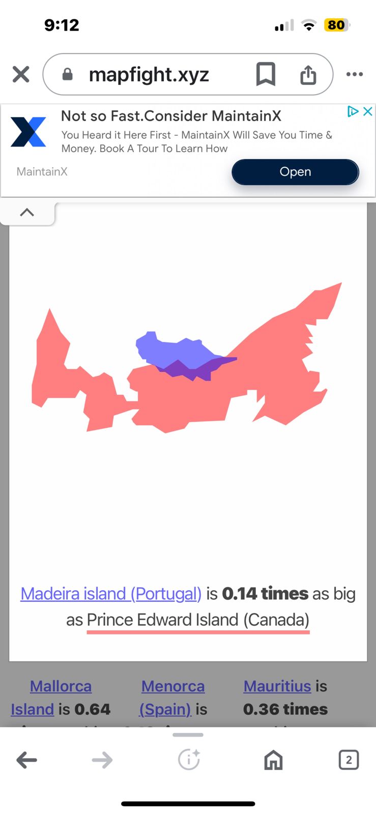 A phone screenshot comparing island sizes: Madeira is 0.14 times as big as Prince Edward Island