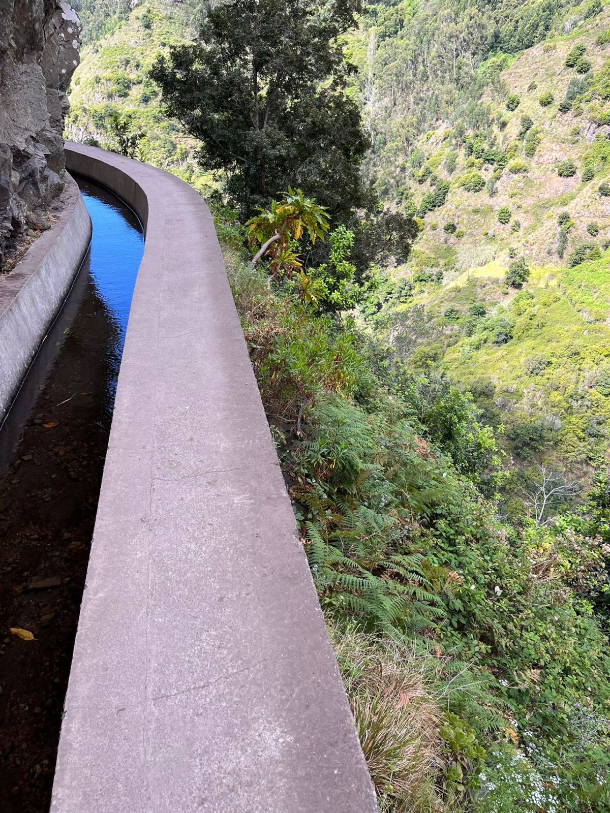 A levada channel and its narrow path curving along a green valley wall