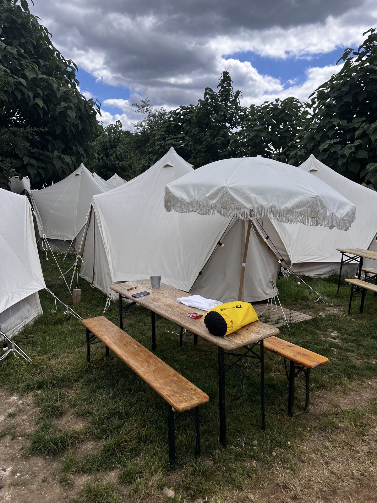 White bell tents with picnic benches and parasols on a grassy site