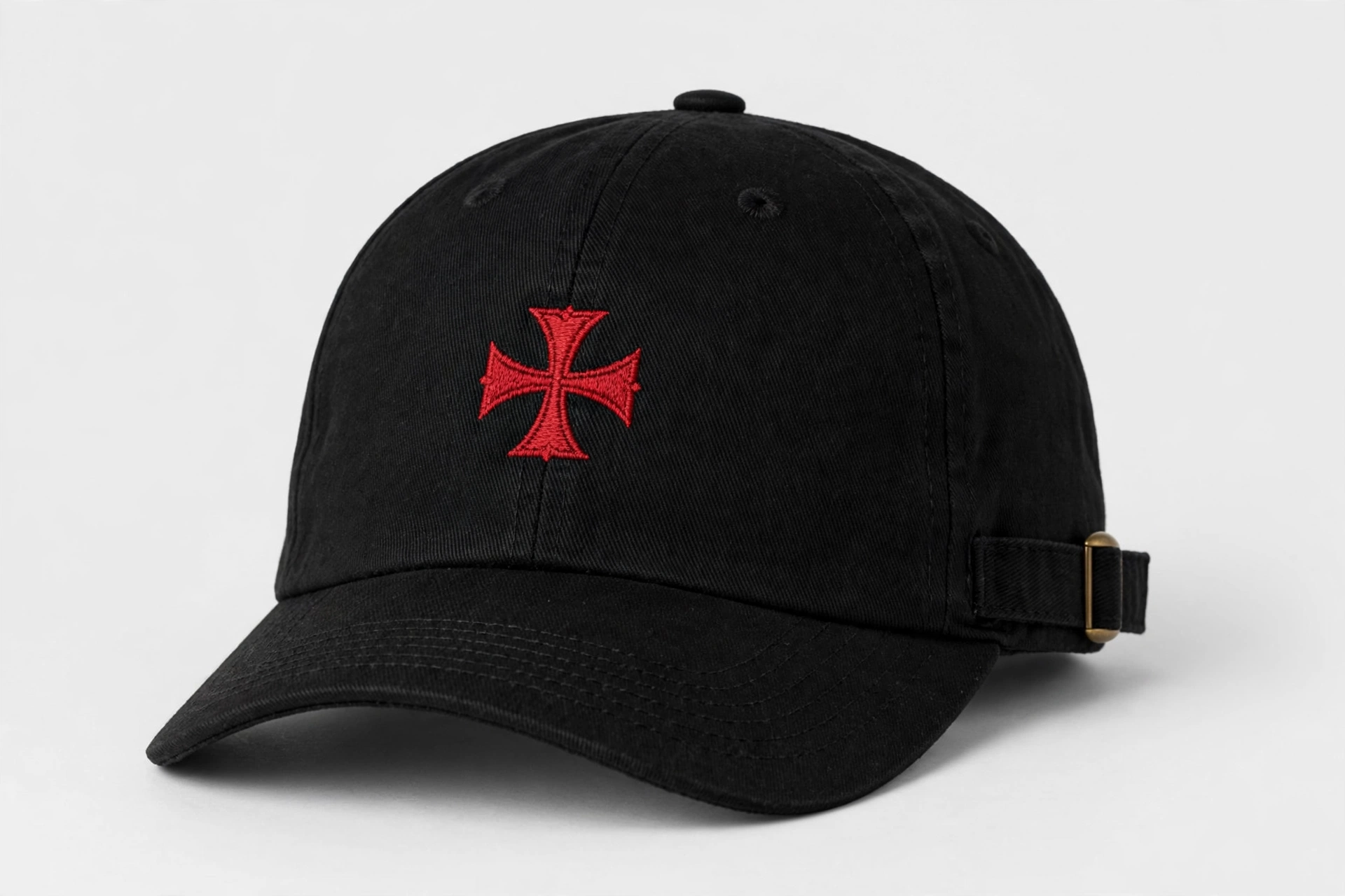 Black baseball cap with crimson Templar cross embroidered on the front