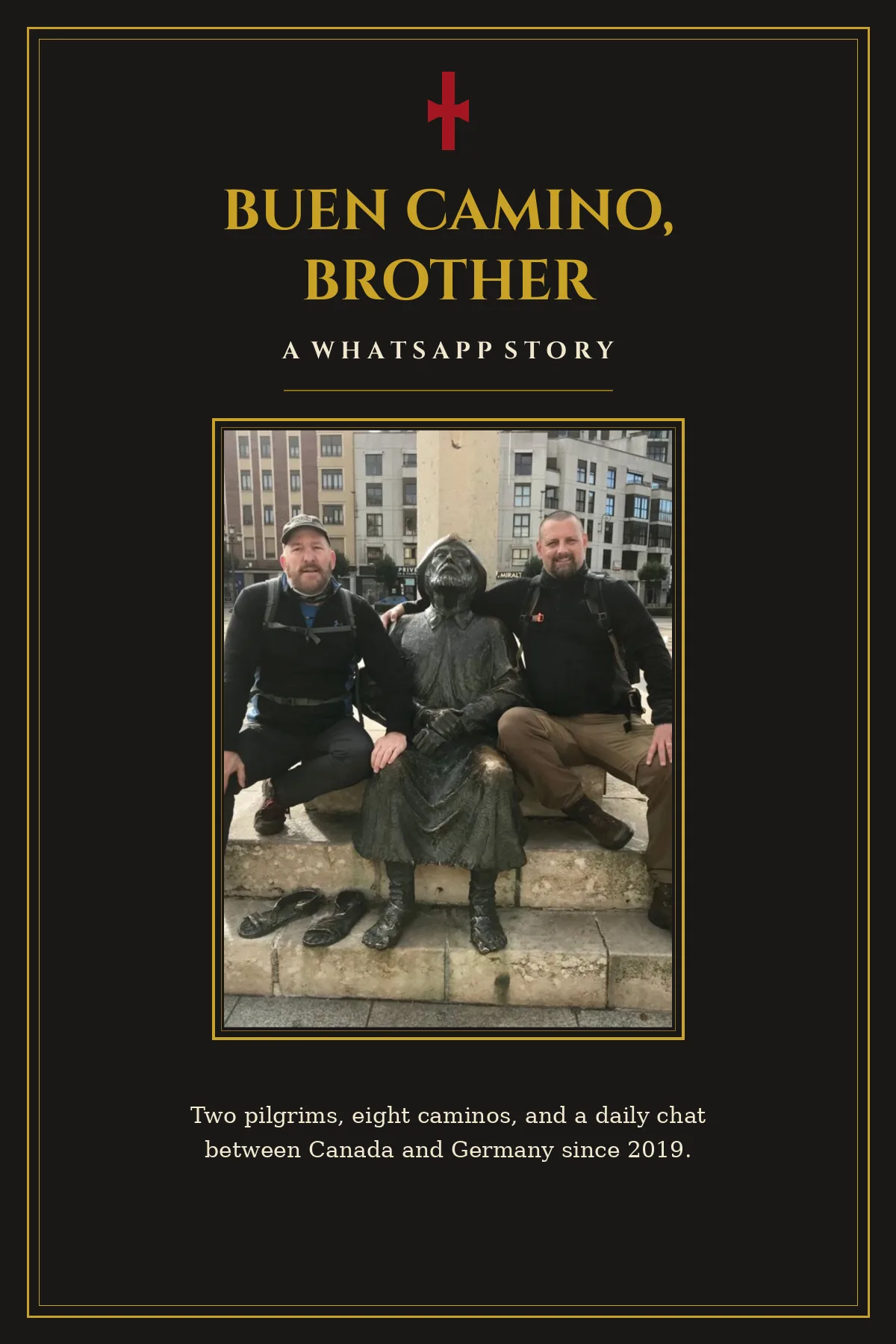 Buen Camino, Brother book cover - two pilgrims with the bronze pilgrim statue in León