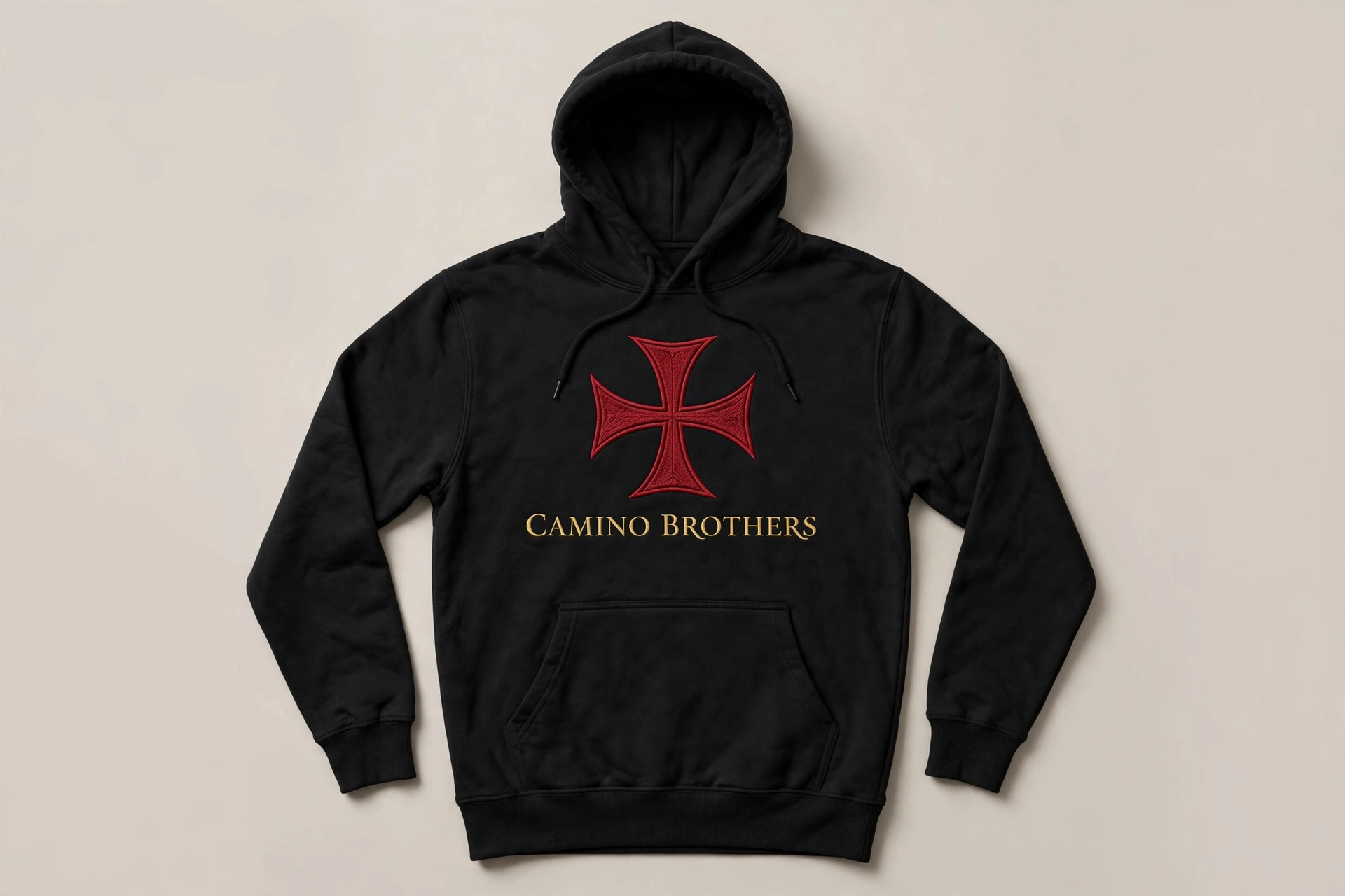Black hoodie with crimson Templar cross and gold Camino Brothers lettering