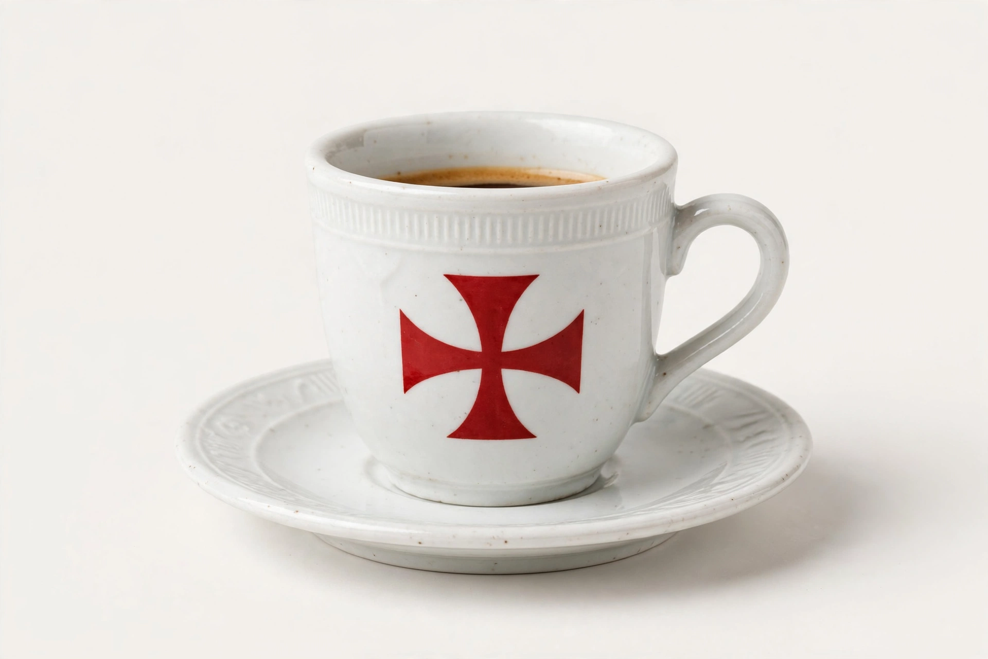 Small white Spanish-style coffee cup with crimson Templar cross