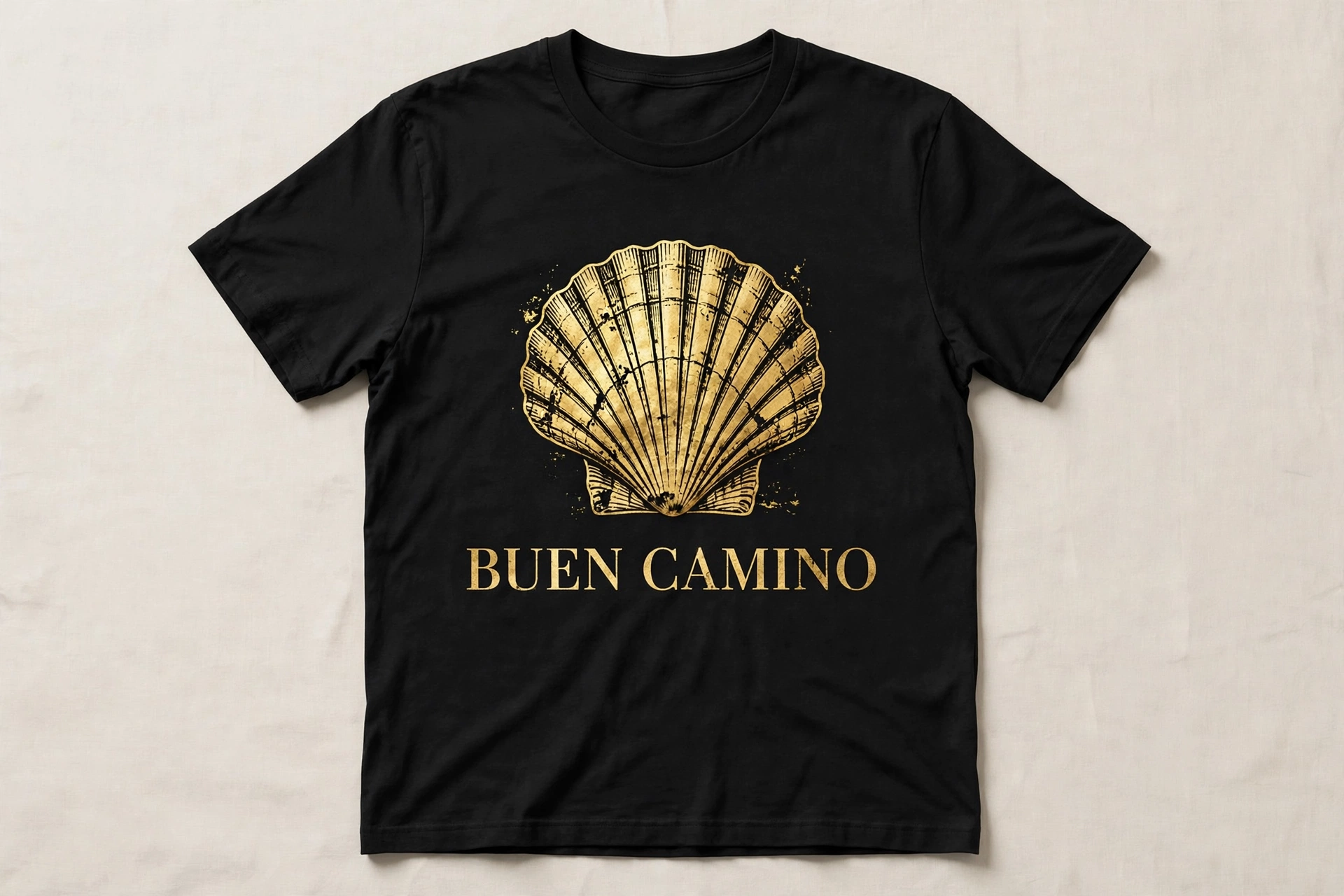Black t-shirt with gold scallop shell and Buen Camino lettering