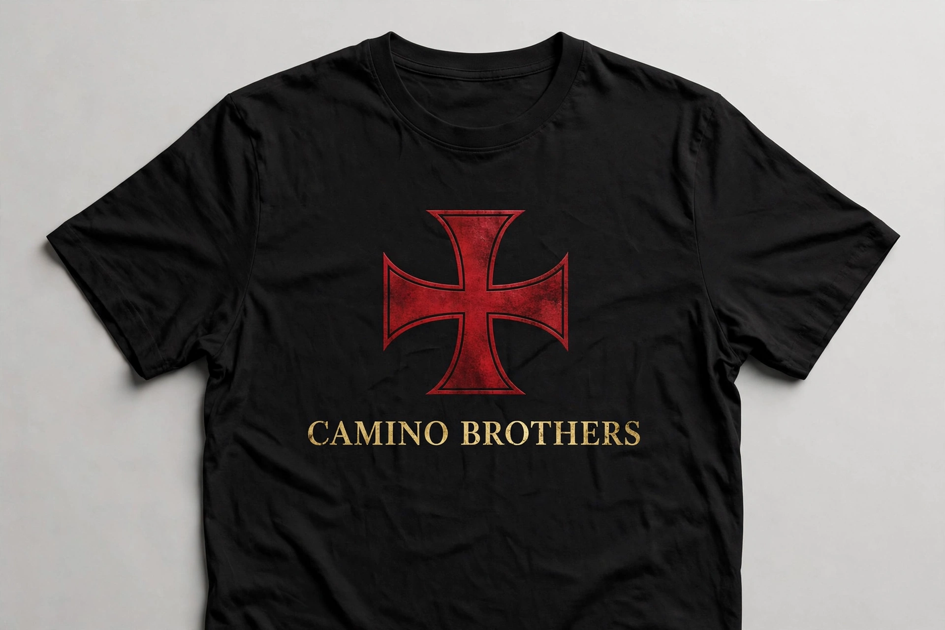 Black t-shirt with crimson Templar cross and gold Camino Brothers lettering