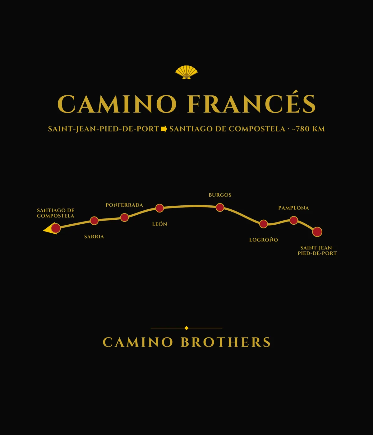 Black t-shirt with gold Camino Frances route map from Saint-Jean-Pied-de-Port to Santiago de Compostela