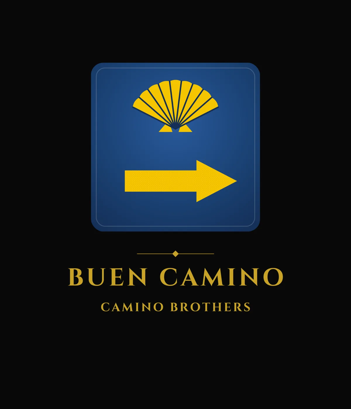 Black t-shirt with blue waymarker tile, yellow scallop shell and yellow arrow, Buen Camino lettering